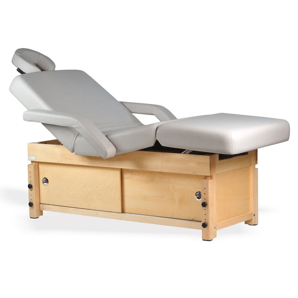 TouchAmerica SONDI Treatment Table: adjustable, light wood base, ideal for facials and reclining.