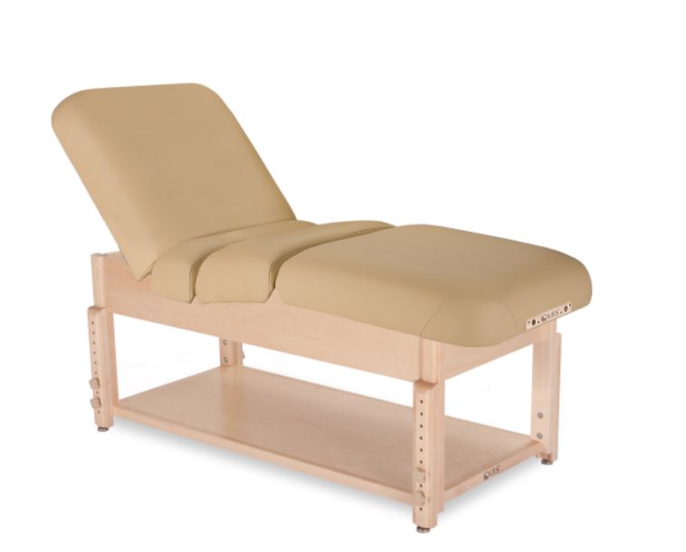 Living Earth Crafts SONOMA beige spa table with maple frame and storage shelf.