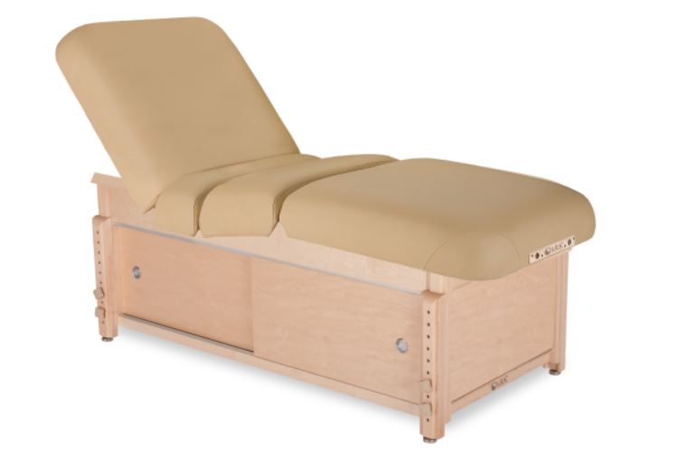Living Earth Crafts SONOMA spa table: beige, wooden base, storage, and PowerAssist tilt.