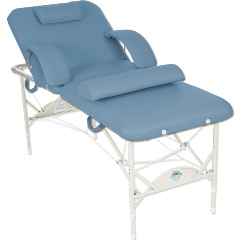 Pisces Pro PACIFICA massage table with adjustable backrest and arms, white metal frame.