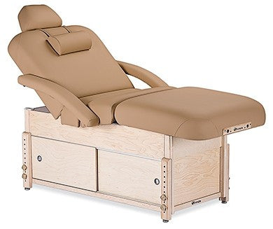 EarthLite Sedona Salon massage table with drawers and headrest pillow, tan, customizable.