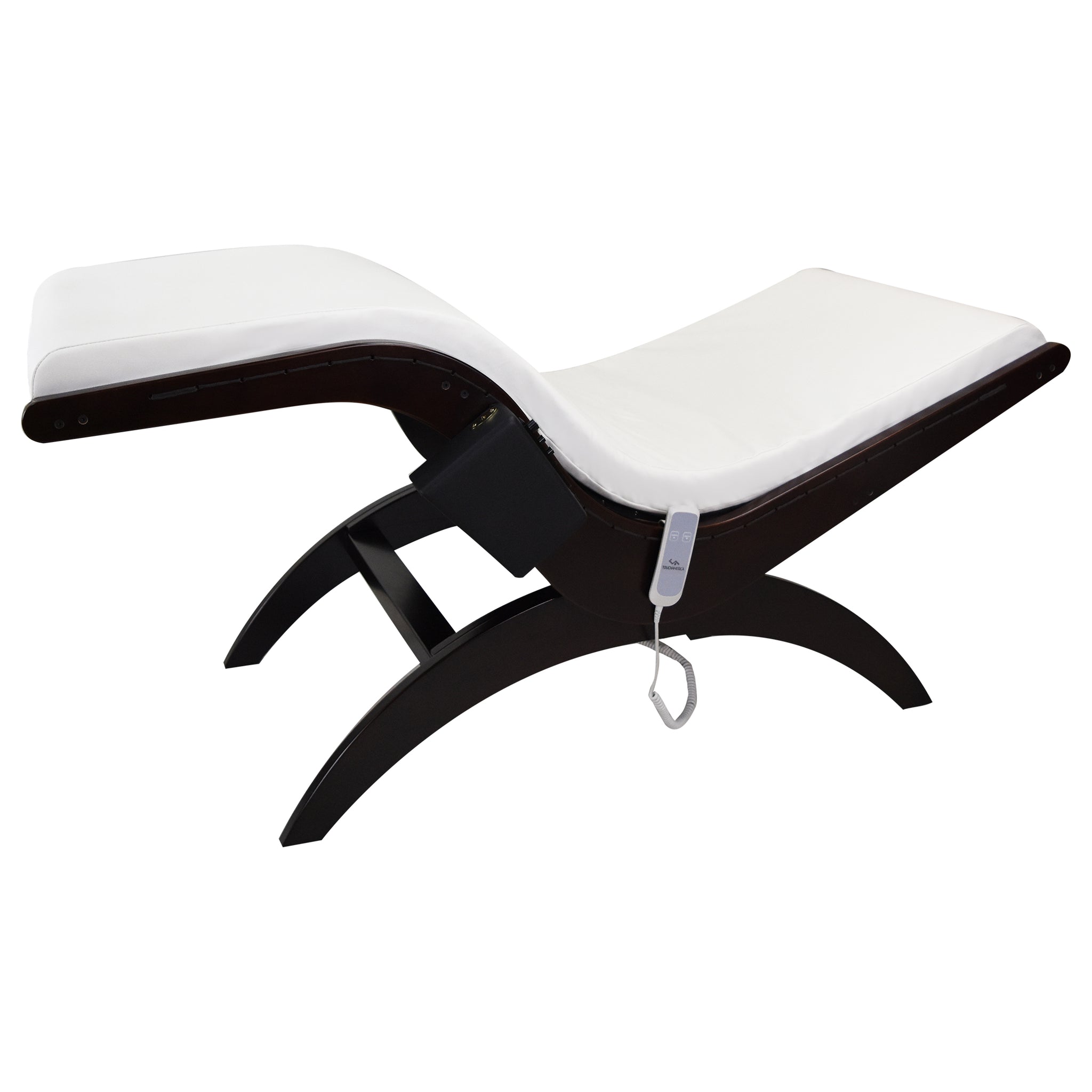 TouchAmerica S-Lounge with Sound Journey RX: white cushion, dark wood, remote control included.