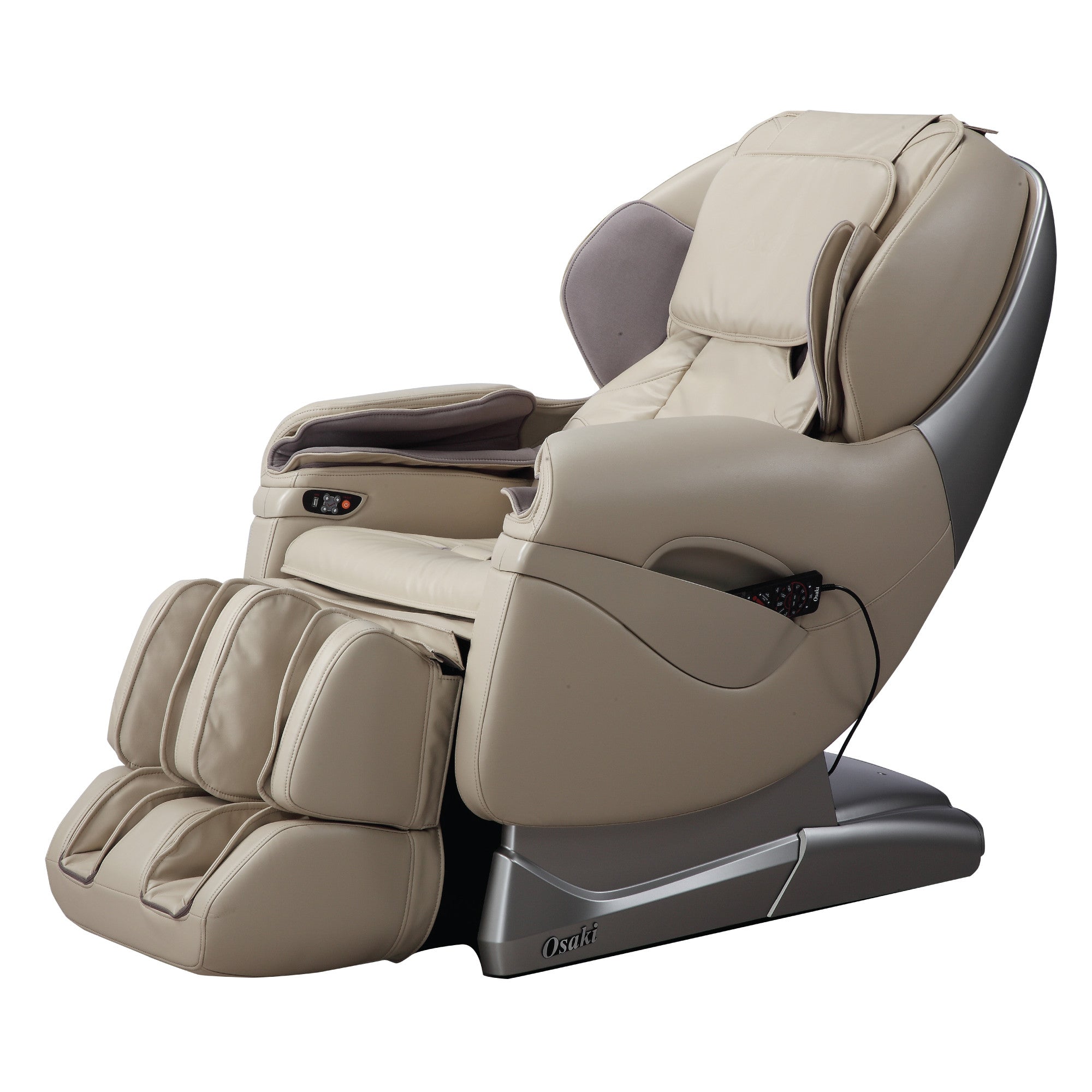 Osaki TP-8500 Massage Chair in beige with footrest, remote, and zero gravity on white background.