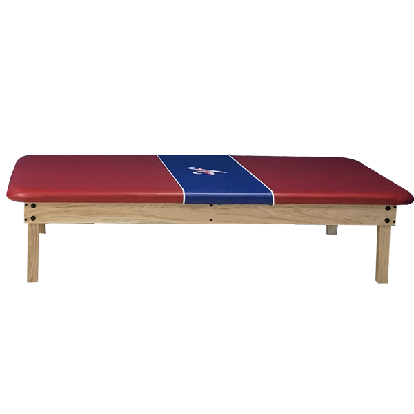 PHS Medical Aluma Elite elevating mat table with wooden legs, ideal for custom graphics.
