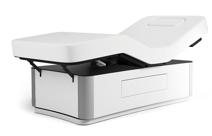 Oakworks Spa TALISE Table: adjustable white table with raised backrest, sturdy metal base.