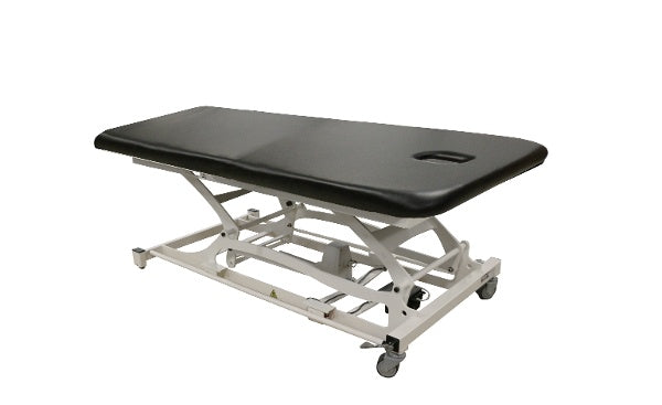 PHS Medical Thera-P Bobath electric table: wheels, face hole, adjustable height, black padded.