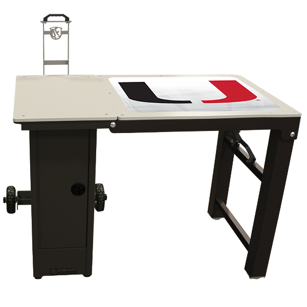 PHS Medical Aluma Elite Portable Workstation with wheels and a document on its folding desk.