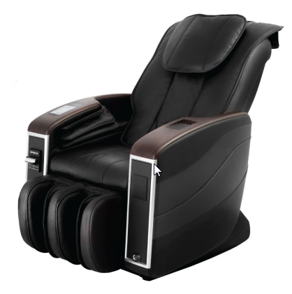 Apex V1 black leather massage chair with wood armrests and built-in controls by Apex.