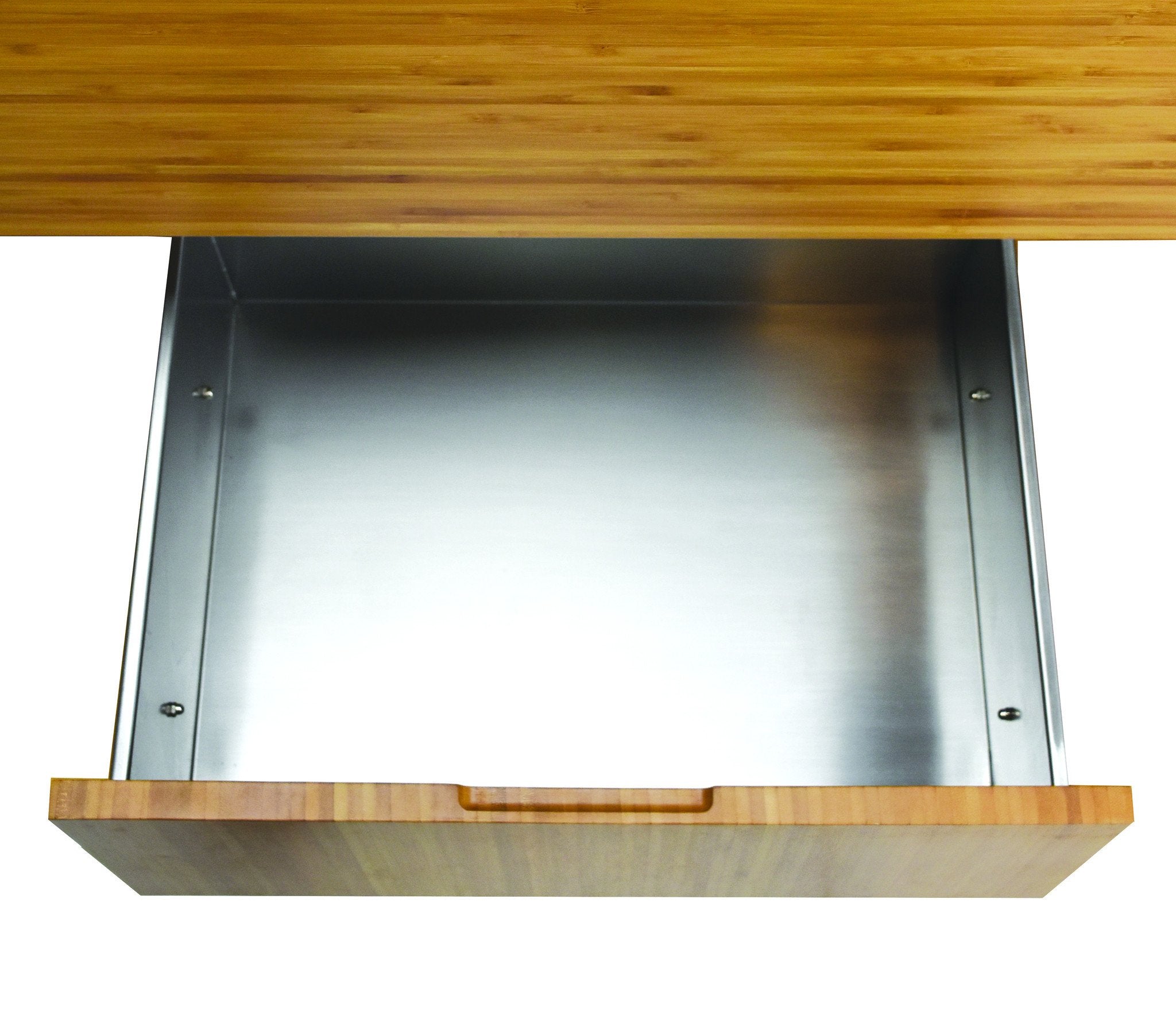Open empty drawer on the TouchAmerica Atlas Flex-BlockTM Salt Table with a wooden front.