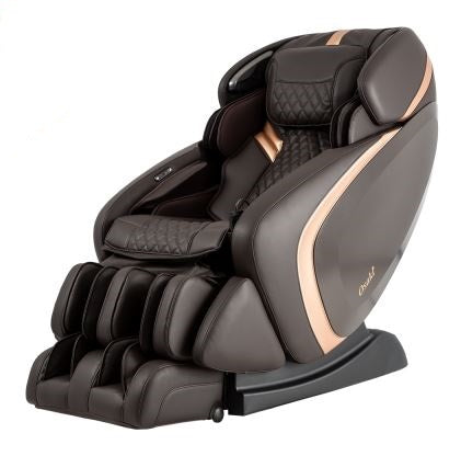 Osaki OS-Pro ADMIRAL massage chair—dark brown with gold accents and quilted cushioning.