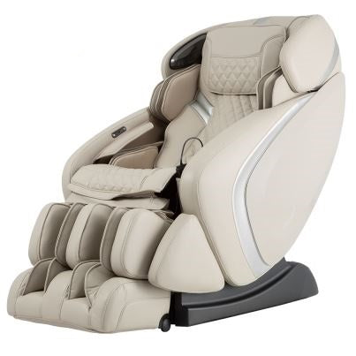 Osaki OS-Pro ADMIRAL beige leather massage chair with footrest and multiple cushions on black base.