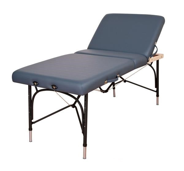 Oakworks ALLIANCE aluminum portable massage table with adjustable, raised backrest in blue.