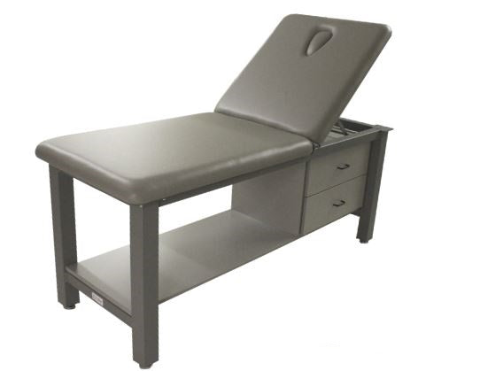 PHS Chiropractic ALUMA Elite Basic Table: gray aluminum, adjustable backrest, storage drawers.