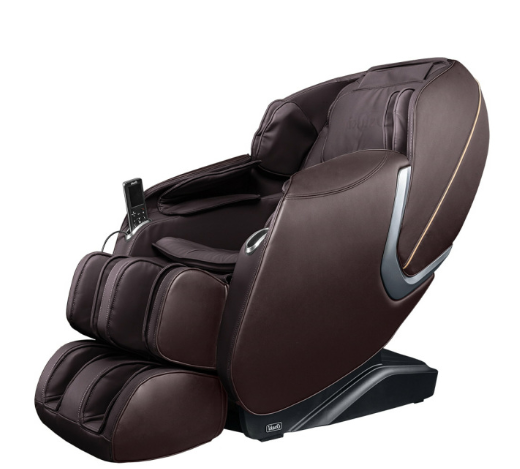 Osaki OS-ASTER brown leather S L-Track massage chair with armrest remote control.