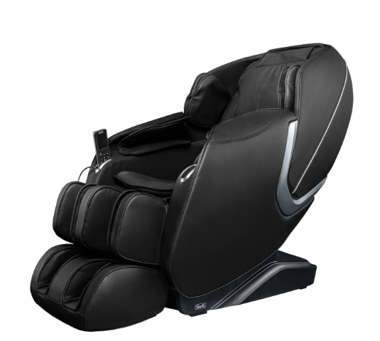 Osaki OS-ASTER Electric Massage Chair in black leather with leg rests and built-in controls.