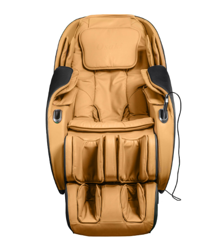 Osaki OS-ASTER tan massage chair with S L-Track, padded areas, and a wired remote control.