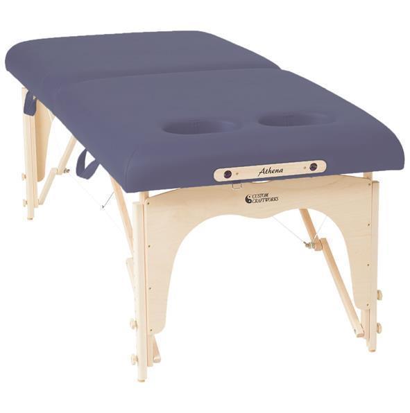 Custom Craftworks ATHENA Portable Massage Table with blue padding and wooden legs.