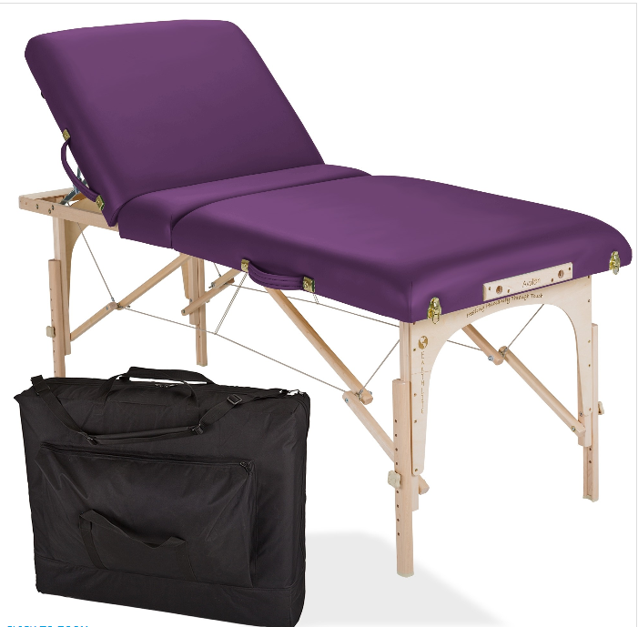 EarthLite Avalon XD Tilt massage table with Reiki endplates and black case in front.