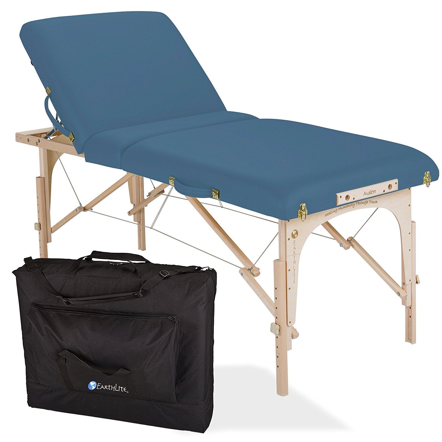 EarthLite AVALON XD TILT massage table, blue padding, wood legs, black carrying case.
