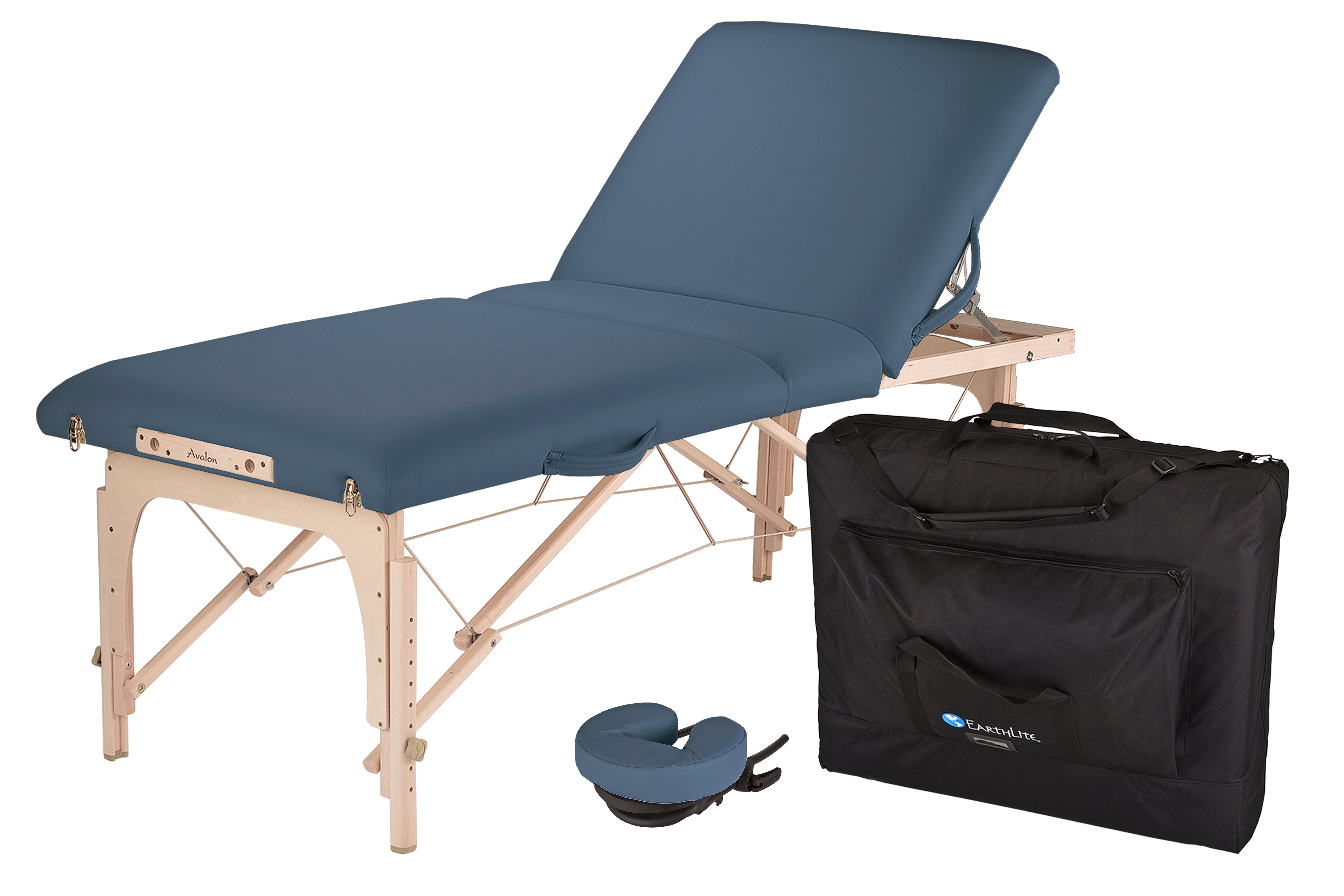 EarthLite Avalon XD Tilt massage table with adjustable backrest, headrest, Reiki endplates, case.