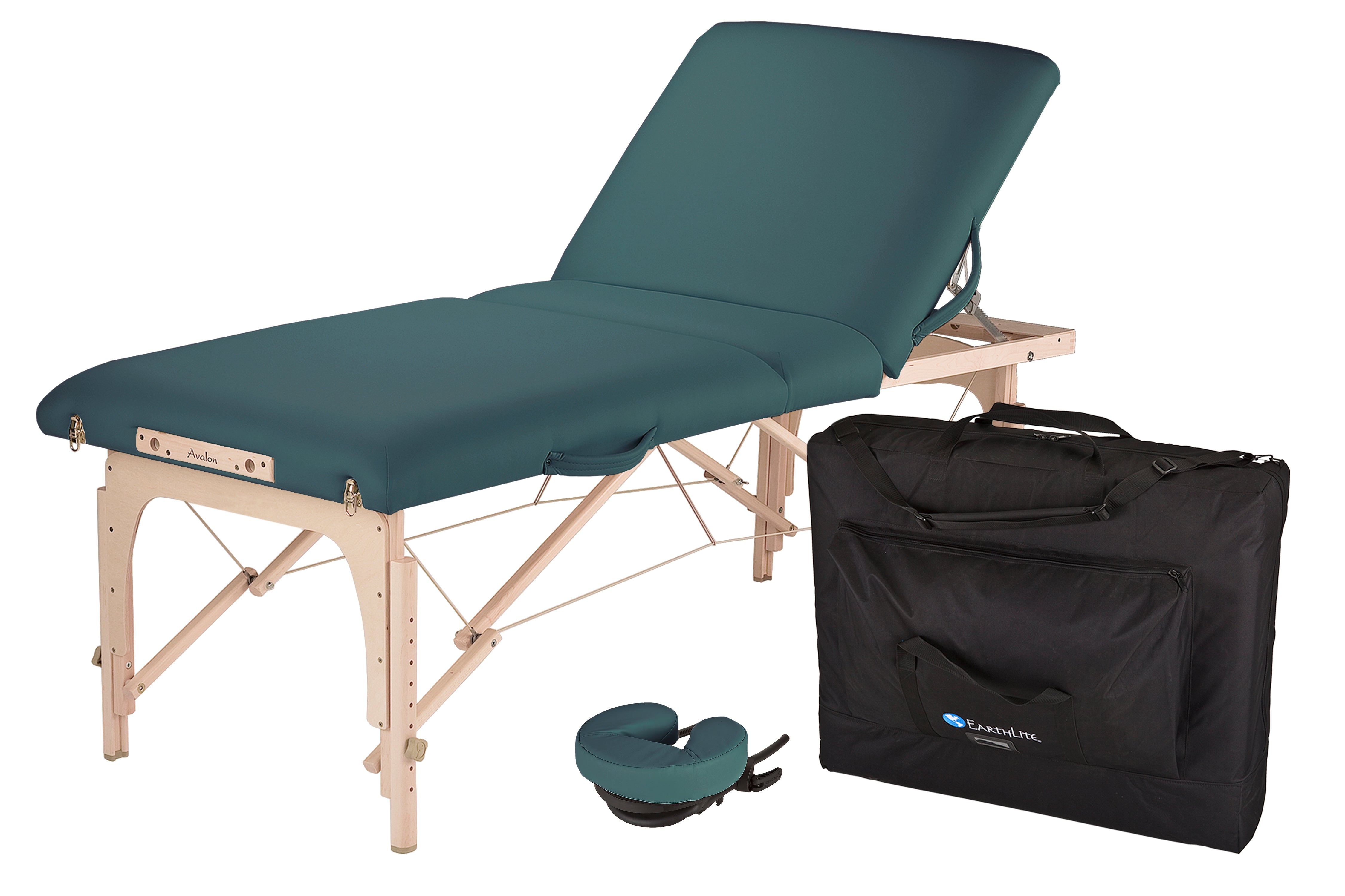 EarthLite AVALON XD TILT massage table, teal, Reiki endplates, case included.