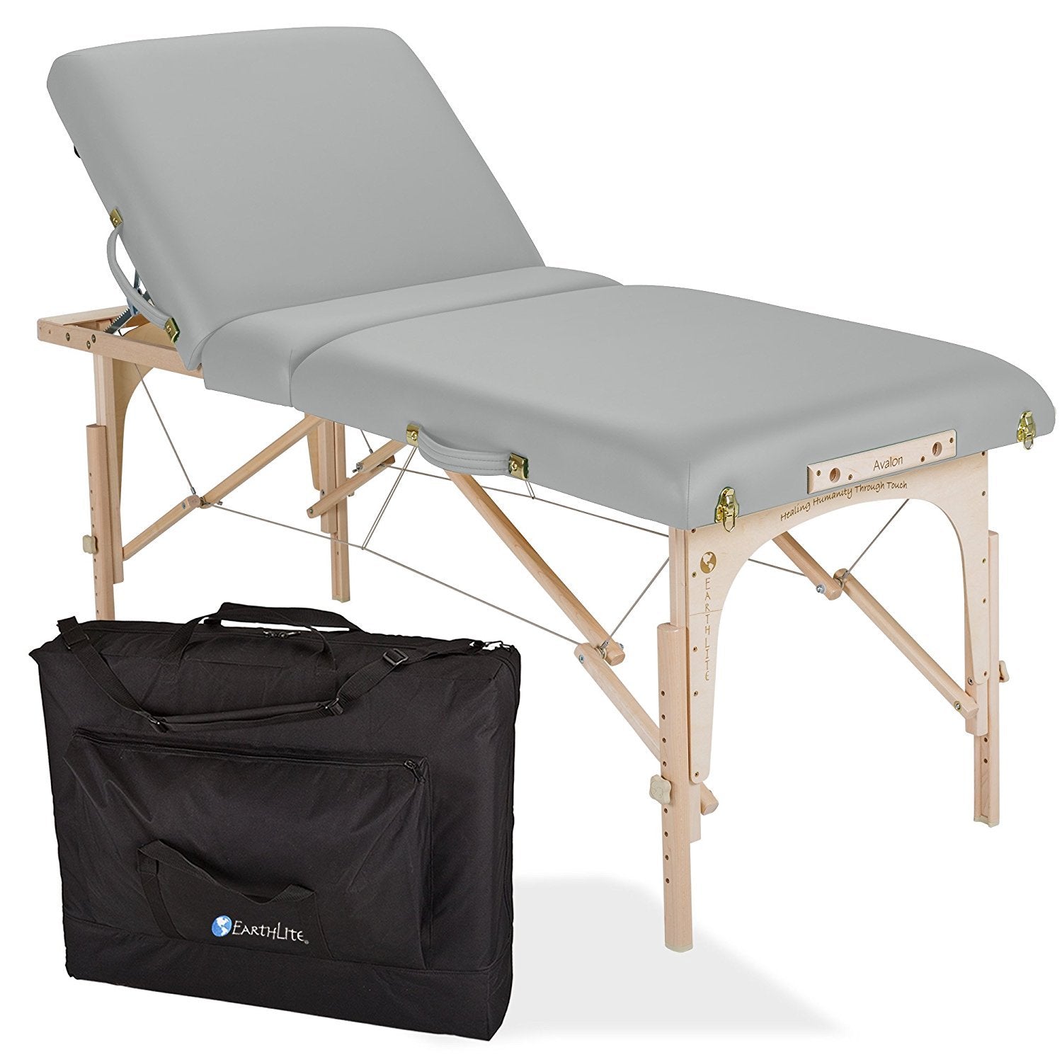 EarthLite AVALON XD TILT massage table with tilt backrest, Reiki endplates, and carrying case.