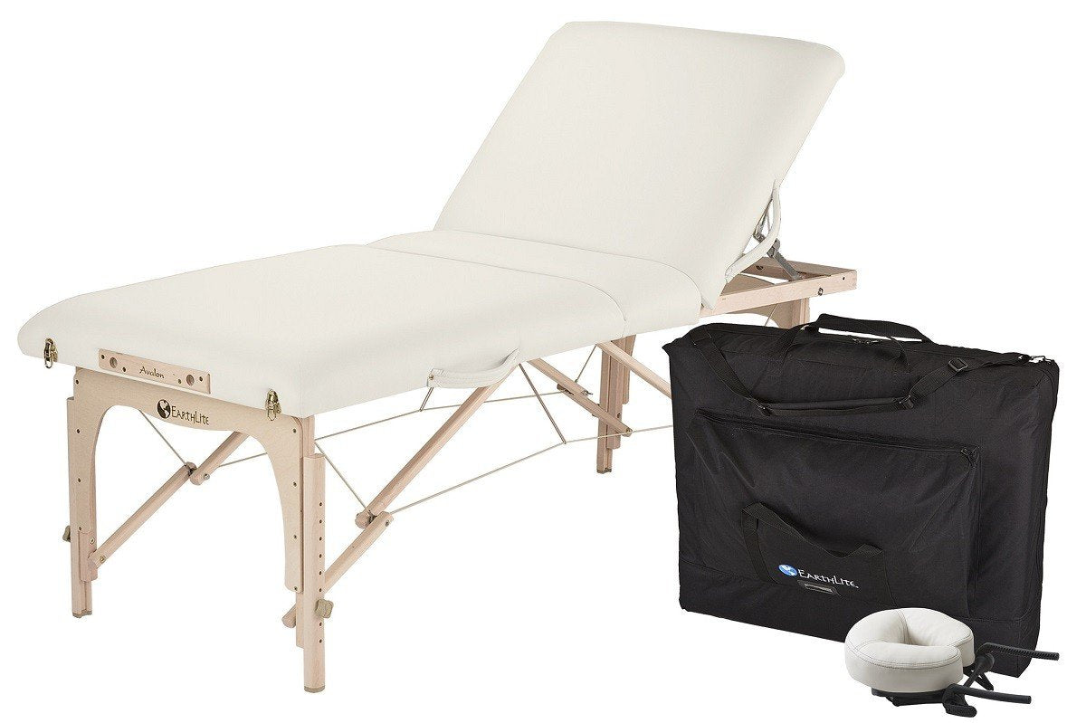 EarthLite AVALON XD TILT massage table: adjustable backrest, case & cradle included.