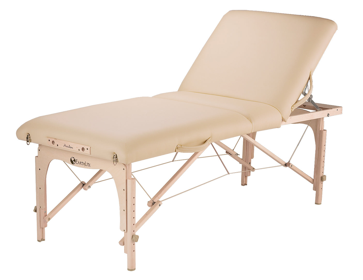EarthLite AVALON XD TILT massage table with Reiki endplates, wood frame, and padded surface.