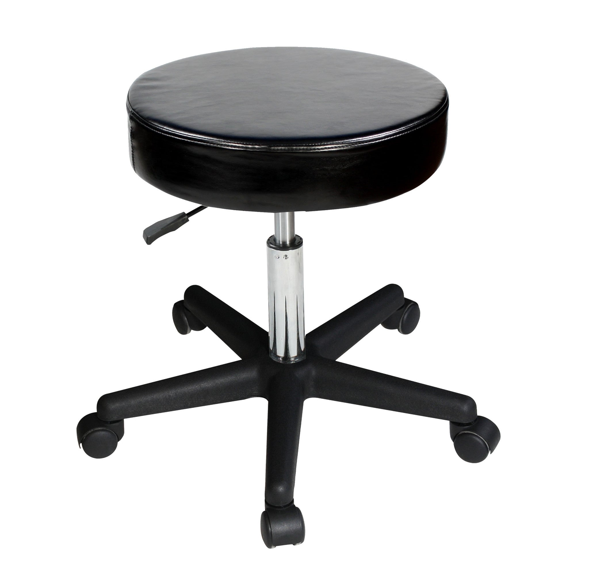 Master Massage ROLLING SWIVEL Hydraulic Stool with polyurethane wheels and round seat.
