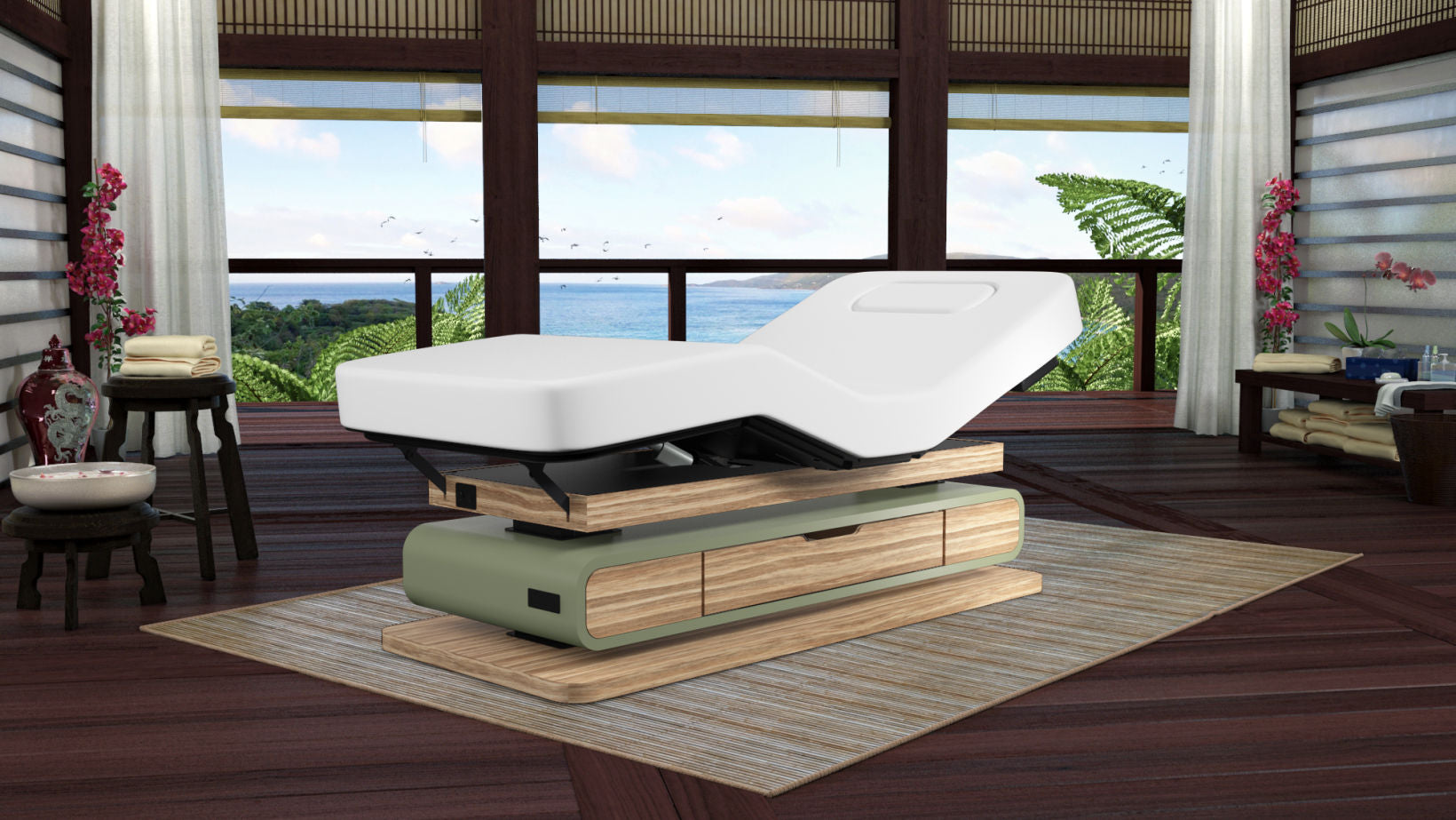 The Oakworks Spa BRITTA table offers adjustable comfort in a serene ocean-view setting.