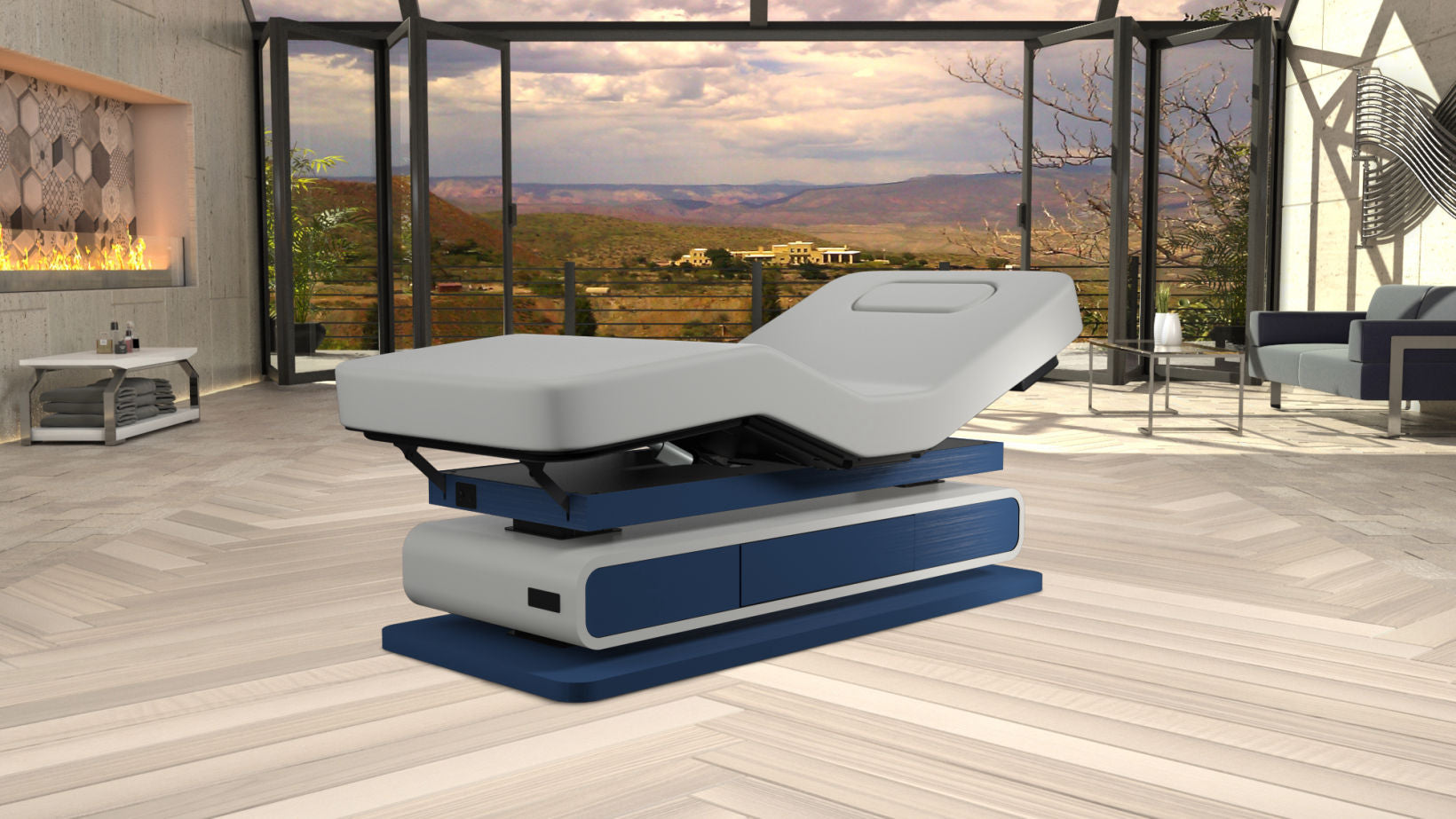 Oakworks Spa BRITTA Master's Collection Table in a bright room with large windows and views.