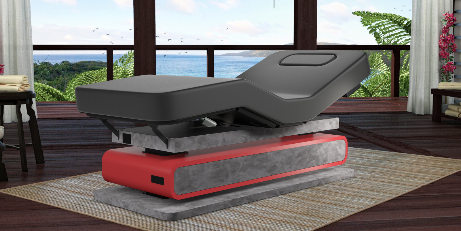 Oakworks Spa BRITTA Master's Collection Table in a room with ocean views and large windows.