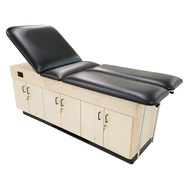 PHS Medical CAB-010 Treatment Cabinet—black cushioned exam table with storage below.