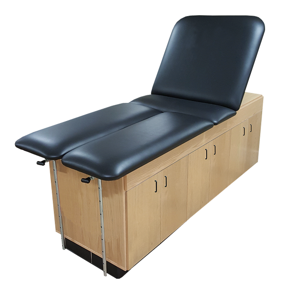 PHS Medical CAB-010 exam table with wood base and built-in treatment cabinet underneath.
