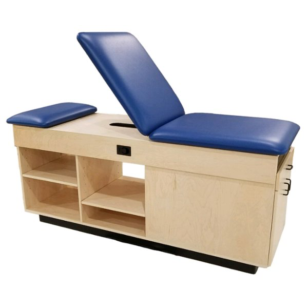 PHS Medical CAB-120 cabinet with blue padding and open storage shelves for treatment use.