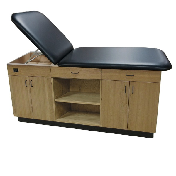 PHS Medical CAB-140 Treatment Cabinet: wooden exam table with black cushion and storage below.