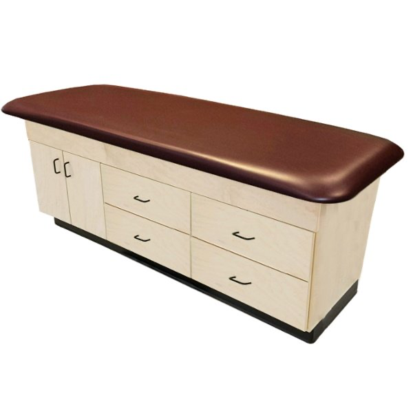 PHS Medical exam table with maroon cushion and CAB-150 Treatment Cabinet for storage.