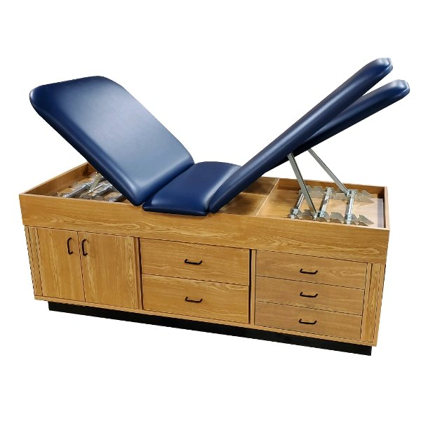 PHS Medical CAB-170 Edge cabinet with solid back and blue cushions for athletic trainers.