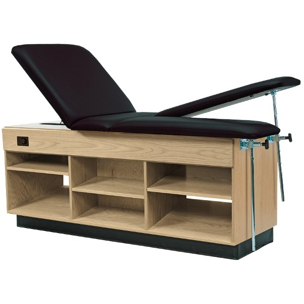 PHS Medical CAB-020 cabinet: black cushioned top, adjustable backrest, open shelving below.