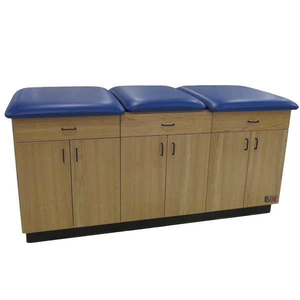 PHS Medical CAB-030 convertible cabinet with three blue seats and storage underneath.