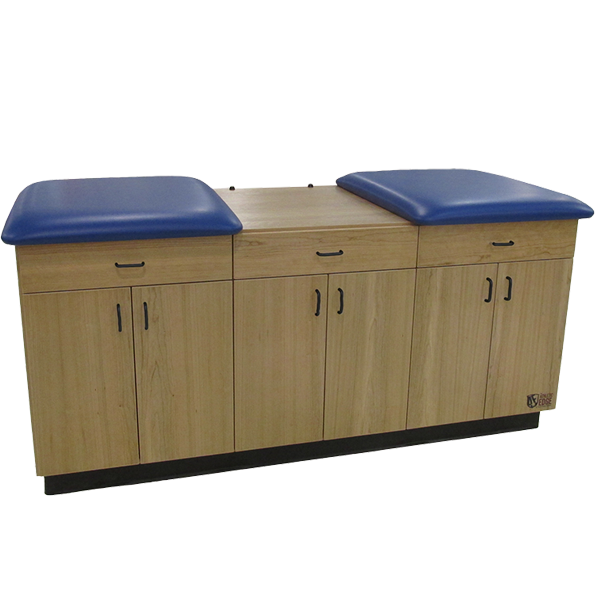 PHS Medical CAB-030 Convertible Taping/Treatment Cabinet with blue pads and storage.