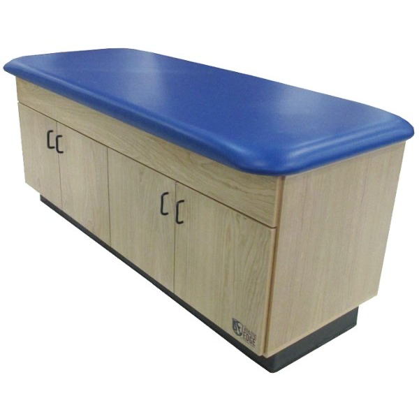 PHS Medical CAB-060 exam table with blue top, cabinet, and adjustable shelf.