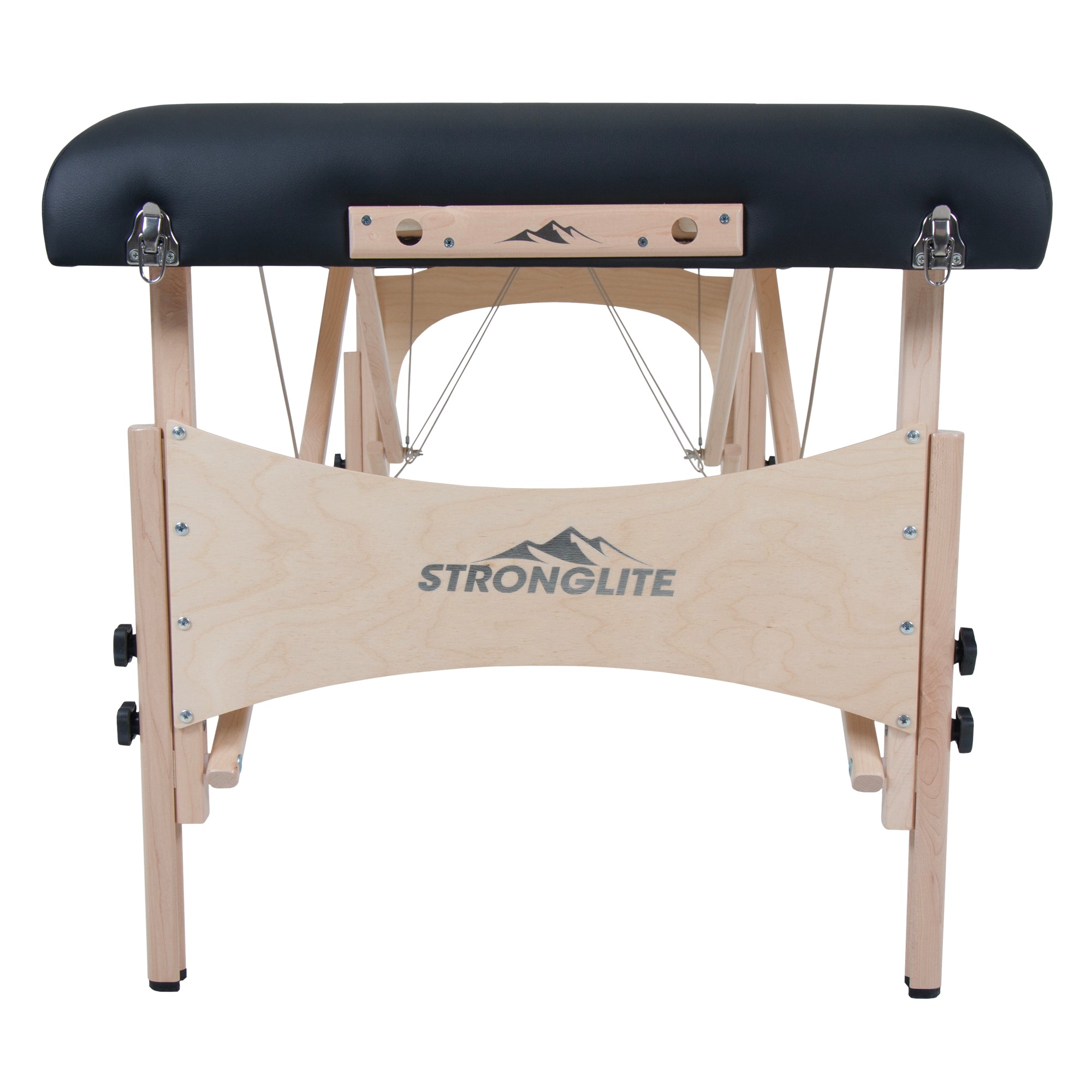 Stronglite CLASSIC DELUXE Table: folding portable massage table with black cushioned top and headrest.