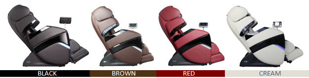 Four Osaki OS-3D Pro CYBER Massage Chairs in black, brown, red, and cream with control panels.