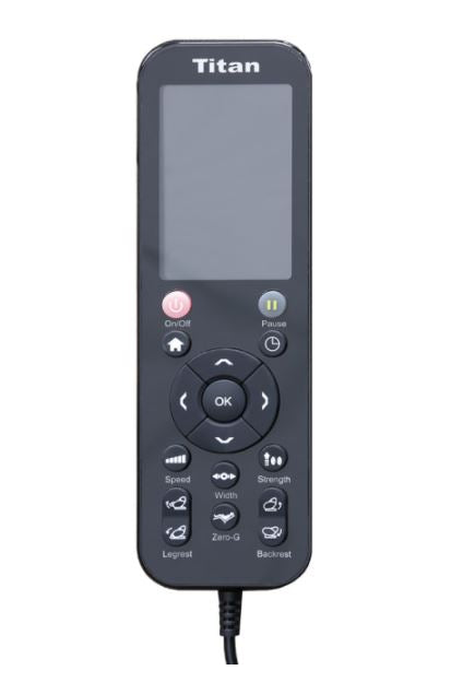 Titan PRO COMMANDER Massage Chair remote with display, labeled buttons, cord, and 3D roller control.