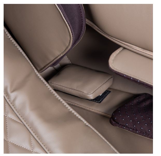 Close-up of padded brown leather with stitched details on the Titan PRO COMMANDER Massage Chair.