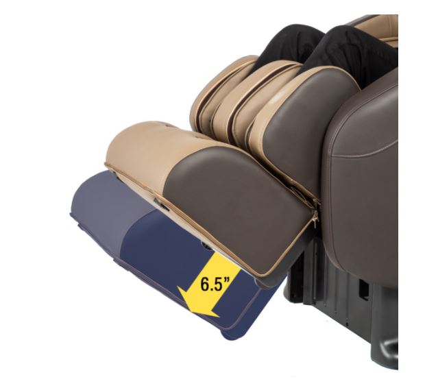Titan PRO COMMANDER's leg rest extends 6.5" with L-Track, shown in two positions and yellow arrow.