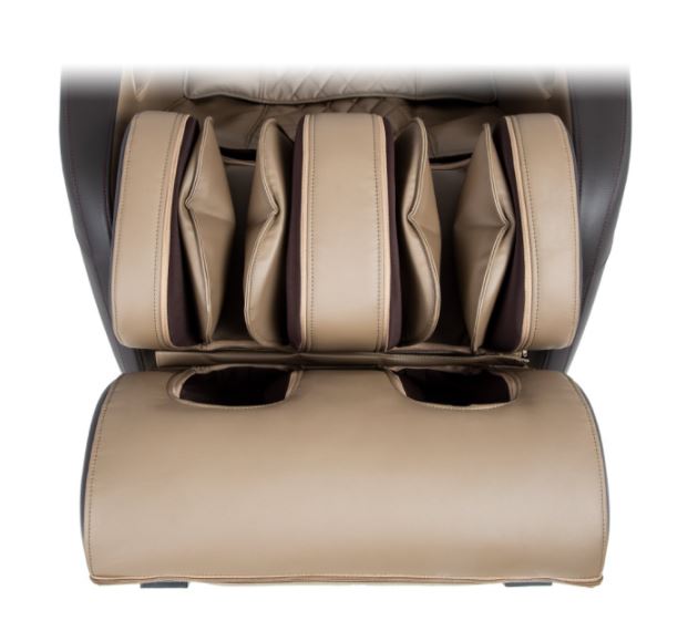 Close-up of the foot and calf on the beige/brown Titan PRO COMMANDER Electric Massage Chair.