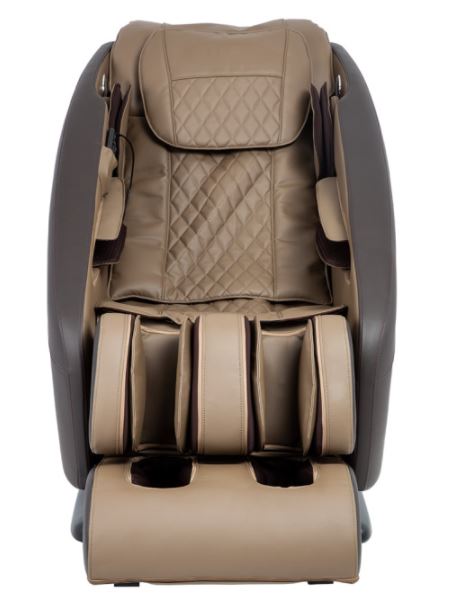 Titan PRO COMMANDER Electric Massage Chair by Titan, brown leather with 3D rollers, front view.
