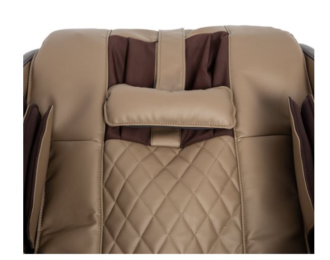Close-up of the Titan PRO COMMANDER brown quilted massage chair with 3D rollers and side supports.